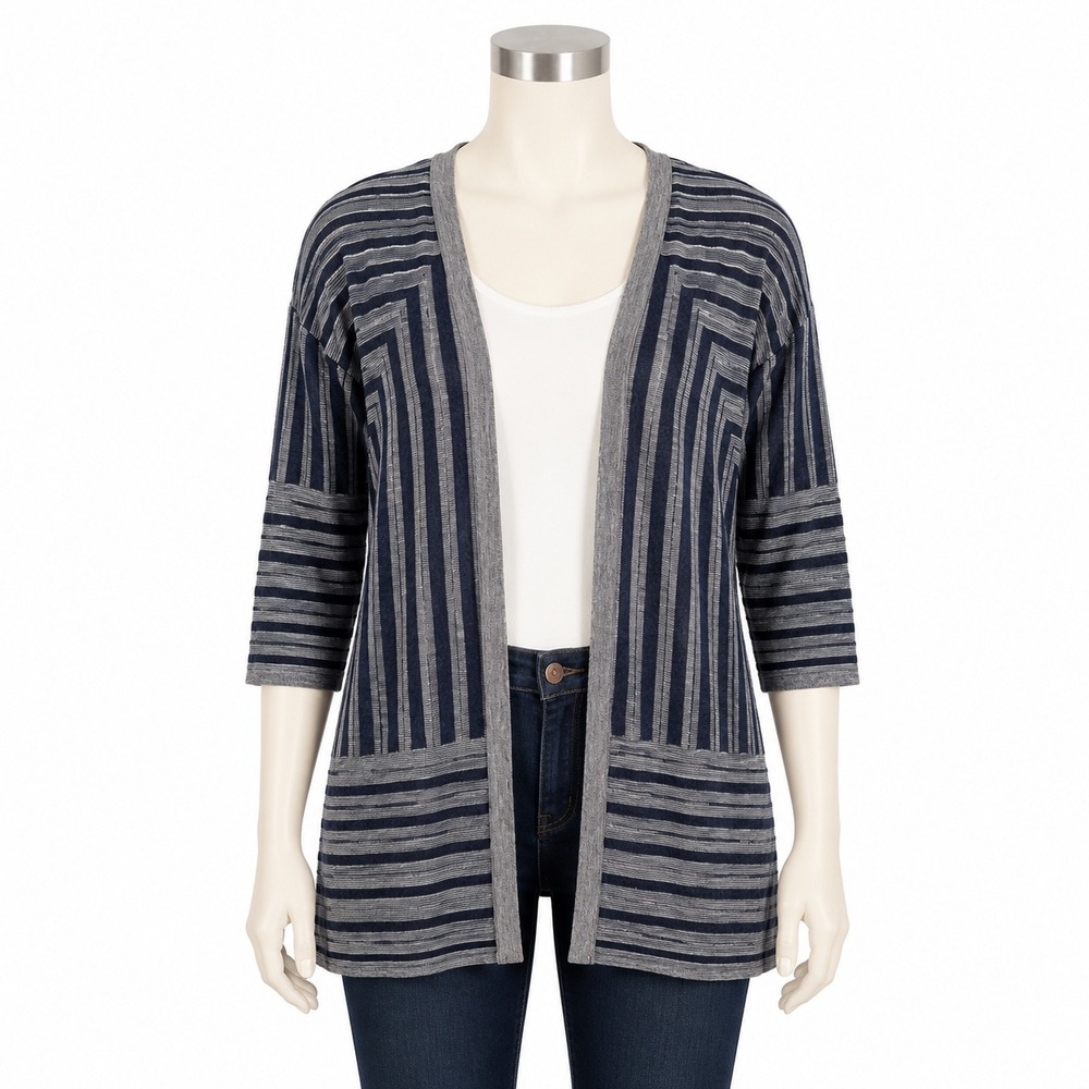 Chicos Sweater‎ Striped Open Front Cardigan 3/4 Sleeve Easywear Blue Gray Large